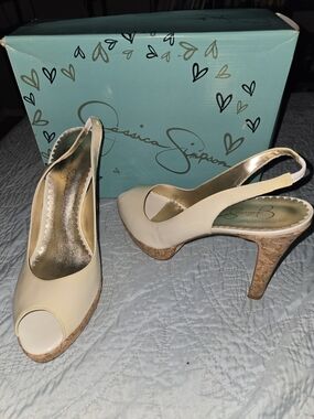 Jessica Simpson Cream Peep-Toe Slingback Heels with Cork Platform